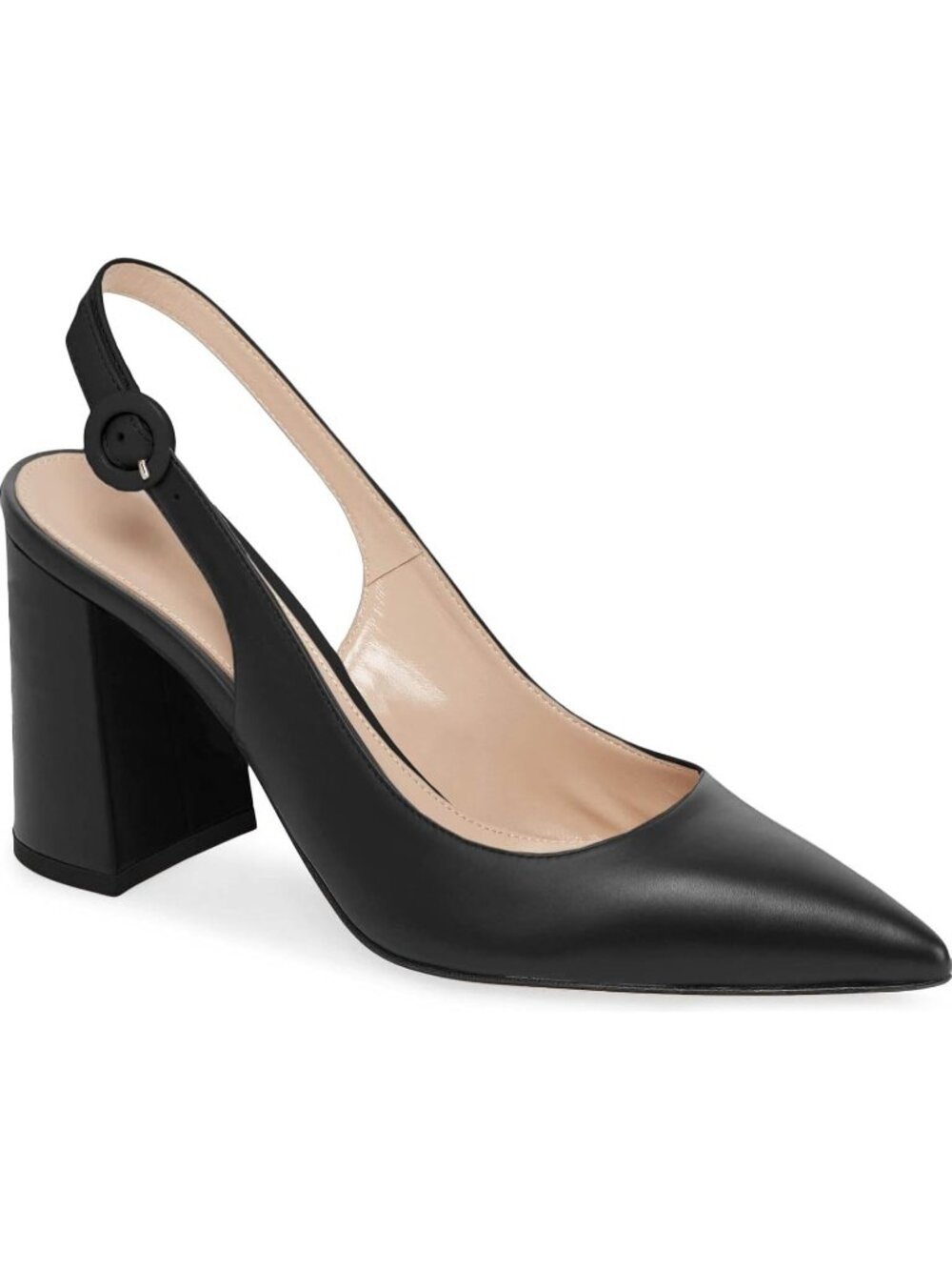 Women's Black Faux Leather Pointed Closed Toe Chunky Heels Slingback Block Heels